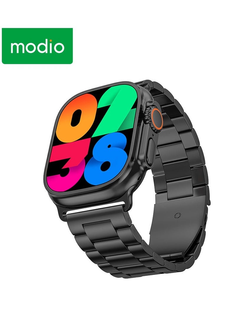 modio ساعة ذكية Ultra 2 بشاشة AMOLED كاملة بحجم 2.3 بوصة مع 4 أزواج من الأشرطة وشاحن لاسلكي مصممة للرجال والأولاد باللون الأسود - Image 1